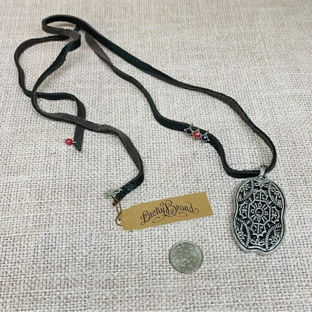 Lucky Brand Silver Metal Work Leather Necklace‎